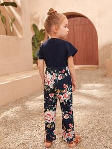 Toddler Girls 1pc Floral Print Flutter Sleeve Jumpsuit - Navy Blue - View 2