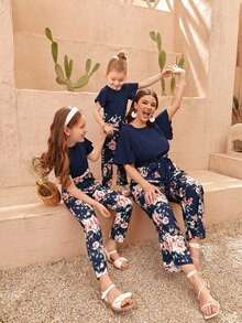 Toddler Girls 1pc Floral Print Flutter Sleeve Jumpsuit - Navy Blue - View 3
