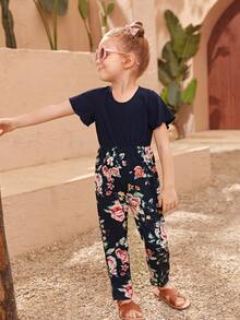 Toddler Girls 1pc Floral Print Flutter Sleeve Jumpsuit - Navy Blue - View 4