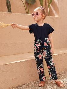 Toddler Girls 1pc Floral Print Flutter Sleeve Jumpsuit - Navy Blue - View 5