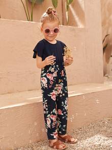 Toddler Girls 1pc Floral Print Flutter Sleeve Jumpsuit - Navy Blue - View 6
