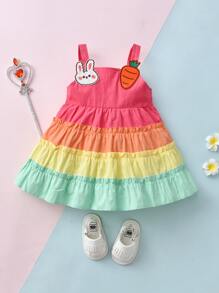 SHEIN Baby Colourblock Rabbit & Carrot Patch Detail Frill Trim Dress - Multicolor - View 1