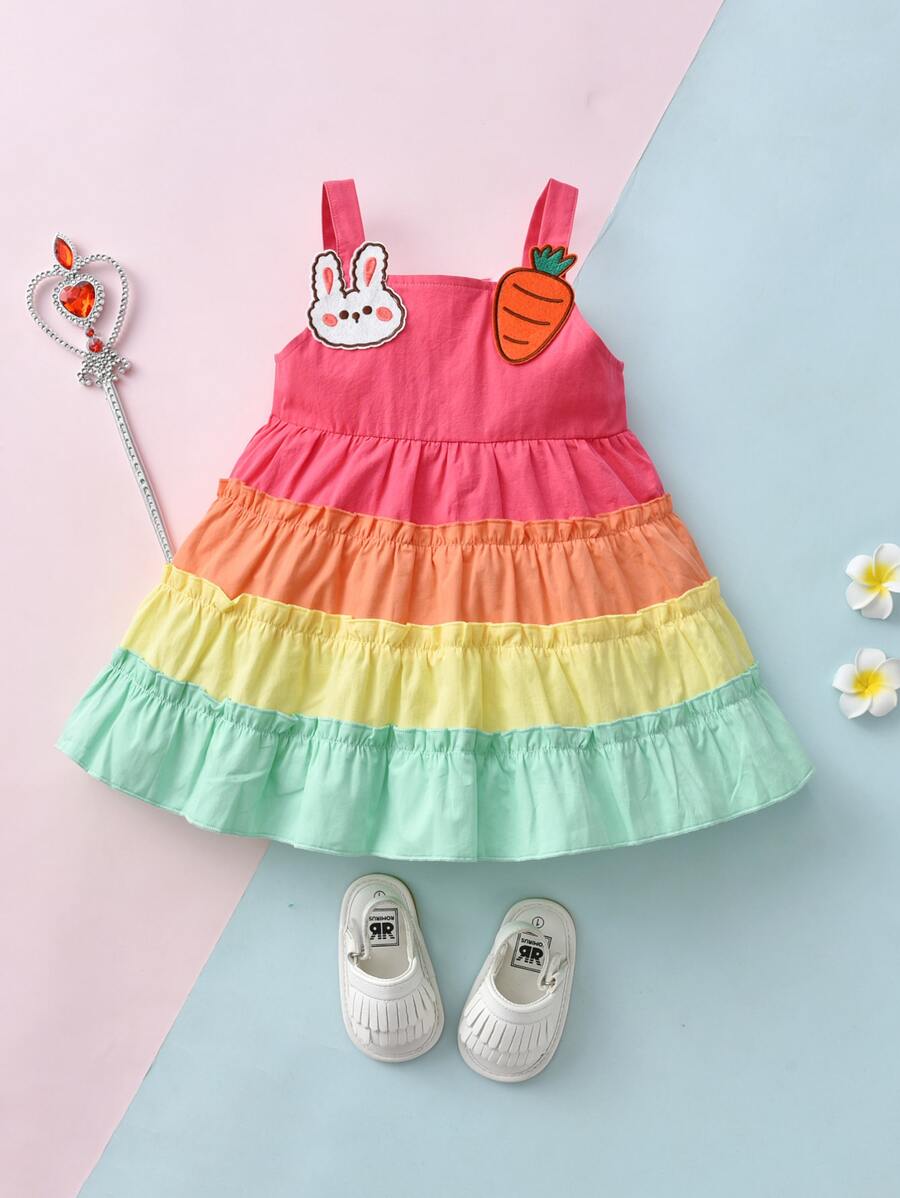 SHEIN Baby Colourblock Rabbit & Carrot Patch Detail Frill Trim Dress - Multicolor - View 1