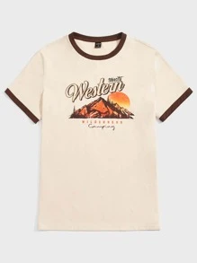 SWAVVY 男士T恤合身的圓領短袖圖形T恤，山地休閒復古夏季棉質 - 米色 - 查看 1