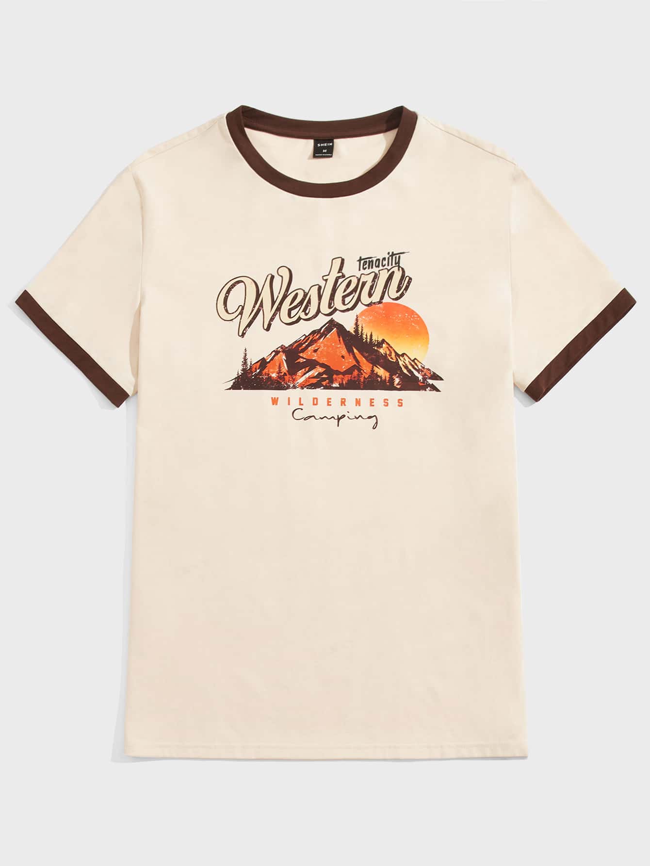 SWAVVY 男士T恤合身的圓領短袖圖形T恤，山地休閒復古夏季棉質 - 米色 - 查看 1