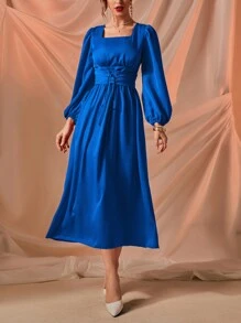 Modelyn Square Neck Lantern Sleeve Lace Up Front Dress - Royal Blue - View 3