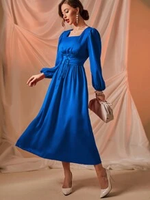 Modelyn Square Neck Lantern Sleeve Lace Up Front Dress - Royal Blue - View 4