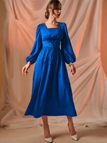 Modelyn Square Neck Lantern Sleeve Lace Up Front Dress - Royal Blue - View 5
