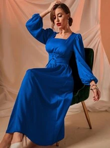Modelyn Square Neck Lantern Sleeve Lace Up Front Dress - Royal Blue - View 6