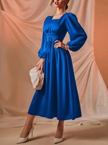 Modelyn Square Neck Lantern Sleeve Lace Up Front Dress - Royal Blue - View 7