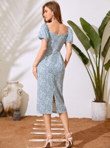 Mulvari Ditsy Floral Square Neck Puff Sleeve Slit Back Dress - Blue - View 2