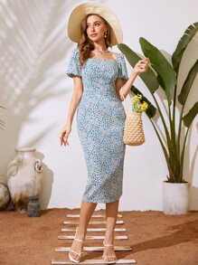 Mulvari Ditsy Floral Square Neck Puff Sleeve Slit Back Dress - Blue - View 6