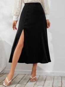 Modelyn Button Detail Split Thigh Skirt Fall - Black - View 4