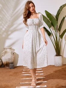 Mulvari Ditsy Floral Shirred Tie Front Square Neck Puff Sleeve Dress - White - View 1