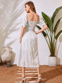 Mulvari Ditsy Floral Shirred Tie Front Square Neck Puff Sleeve Dress - White - View 2