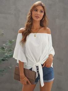 SHEIN VCAY Off Shoulder Flounce Sleeve Knot Hem Blouse - White - View 1