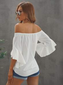 SHEIN VCAY Off Shoulder Flounce Sleeve Knot Hem Blouse - White - View 2
