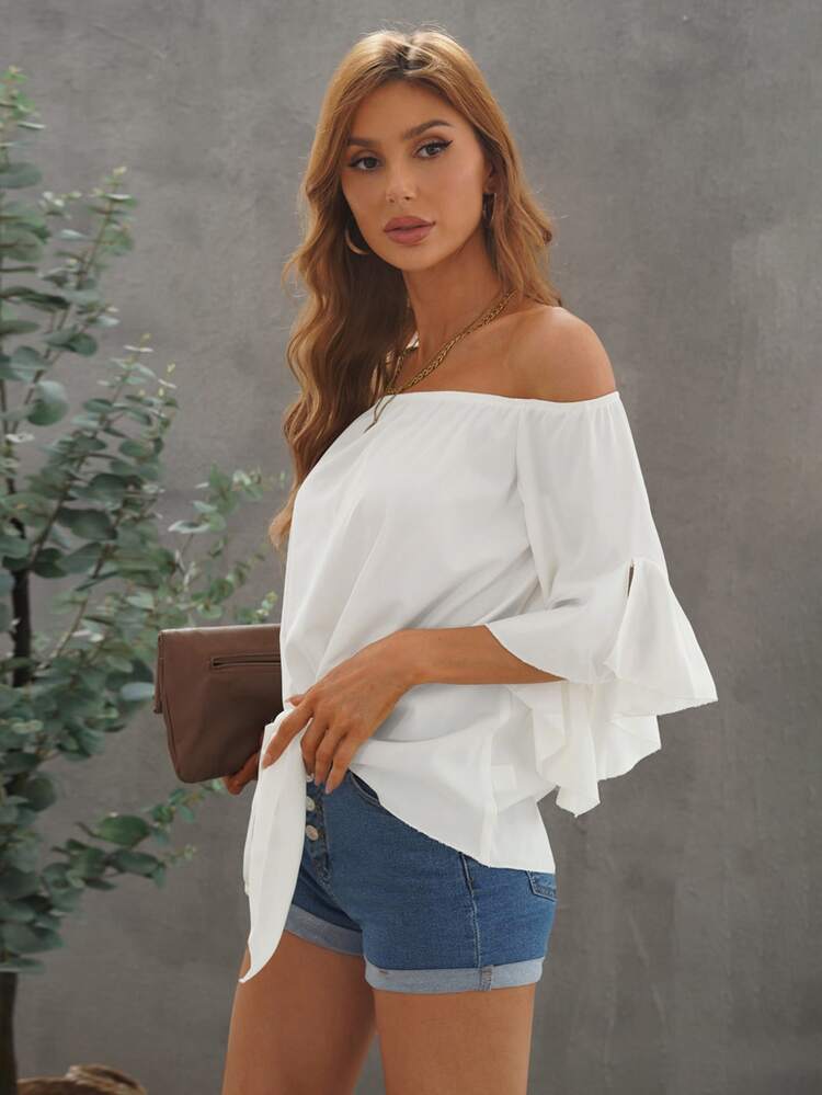 SHEIN VCAY 一字肩荷葉袖下擺打結襯衫 - 白色 - 查看 4