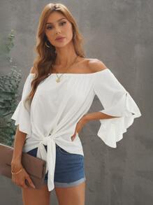 SHEIN VCAY Off Shoulder Flounce Sleeve Knot Hem Blouse - White - View 5