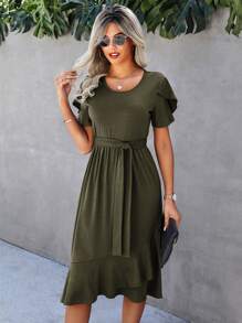 SHEIN Clasi Petal Sleeve Ruffle Trim Wrap Hem Belted Dress - Army Green - View 1