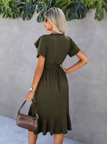 SHEIN Clasi Petal Sleeve Ruffle Trim Wrap Hem Belted Dress - Army Green - View 2