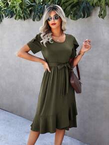 SHEIN Clasi Petal Sleeve Ruffle Trim Wrap Hem Belted Dress - Army Green - View 4