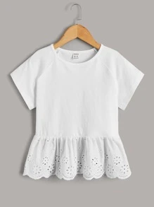 Tween Girl Raglan Sleeve Eyelet Embroidery Peplum Tee - White - View 1