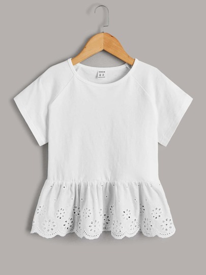 Tween Girl Raglan Sleeve Eyelet Embroidery Peplum Tee