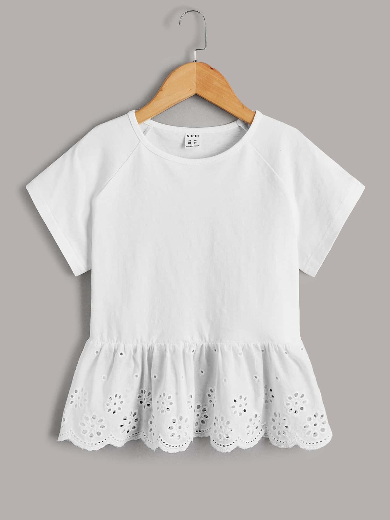 Tween Girl Raglan Sleeve Eyelet Embroidery Peplum Tee - White - View 1