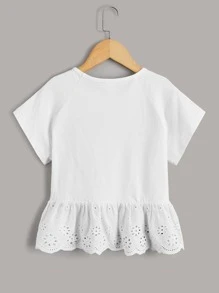 Tween Girl Raglan Sleeve Eyelet Embroidery Peplum Tee - White - View 2