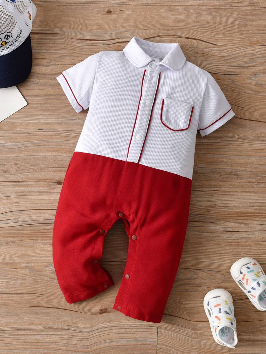 Áo liền quần Em bé Túi Tương phản ràng buộc Khối Màu Giải trí - Đỏ và trắng - Xem 1