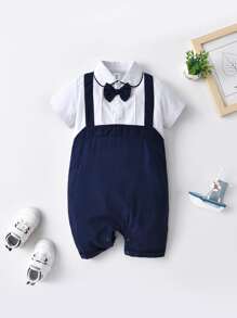 Baby Colour Block Bow Front 2 In 1 Romper - Blue and White - View 1