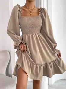 Chiquease Square Neck Shirred Bodice Flounce Sleeve Ruffle Hem Dress - Khaki - View 1