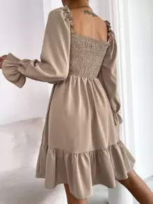 Chiquease Square Neck Shirred Bodice Flounce Sleeve Ruffle Hem Dress - Khaki - View 2