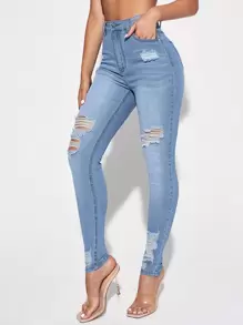 SHEIN Essnce 破洞緊身牛仔褲 - 淺色水洗藍 - 查看 4