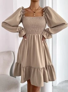 Chiquease Square Neck Shirred Bodice Flounce Sleeve Ruffle Hem Dress - Khaki - View 3