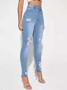 SHEIN Essnce 破洞緊身牛仔褲 - 淺色水洗藍 - 查看 5