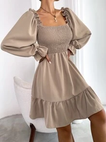 Chiquease Square Neck Shirred Bodice Flounce Sleeve Ruffle Hem Dress - Khaki - View 4