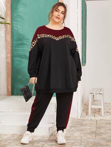 大码豹纹拼色运动衫和运动裤 - 彩色 - 查看 3