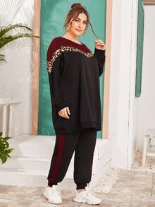 大码豹纹拼色运动衫和运动裤 - 彩色 - 查看 5