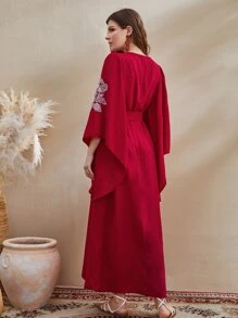 Al Najma 花卉刺繡流蘇繫帶領腰帶長袍連衣裙 - 紅色 - 查看 3