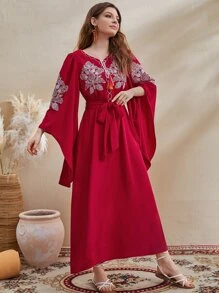 Al Najma 花卉刺繡流蘇繫帶領腰帶長袍連衣裙 - 紅色 - 查看 1