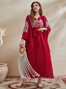 Al Najma 花卉刺繡流蘇繫帶領腰帶長袍連衣裙 - 紅色 - 查看 5