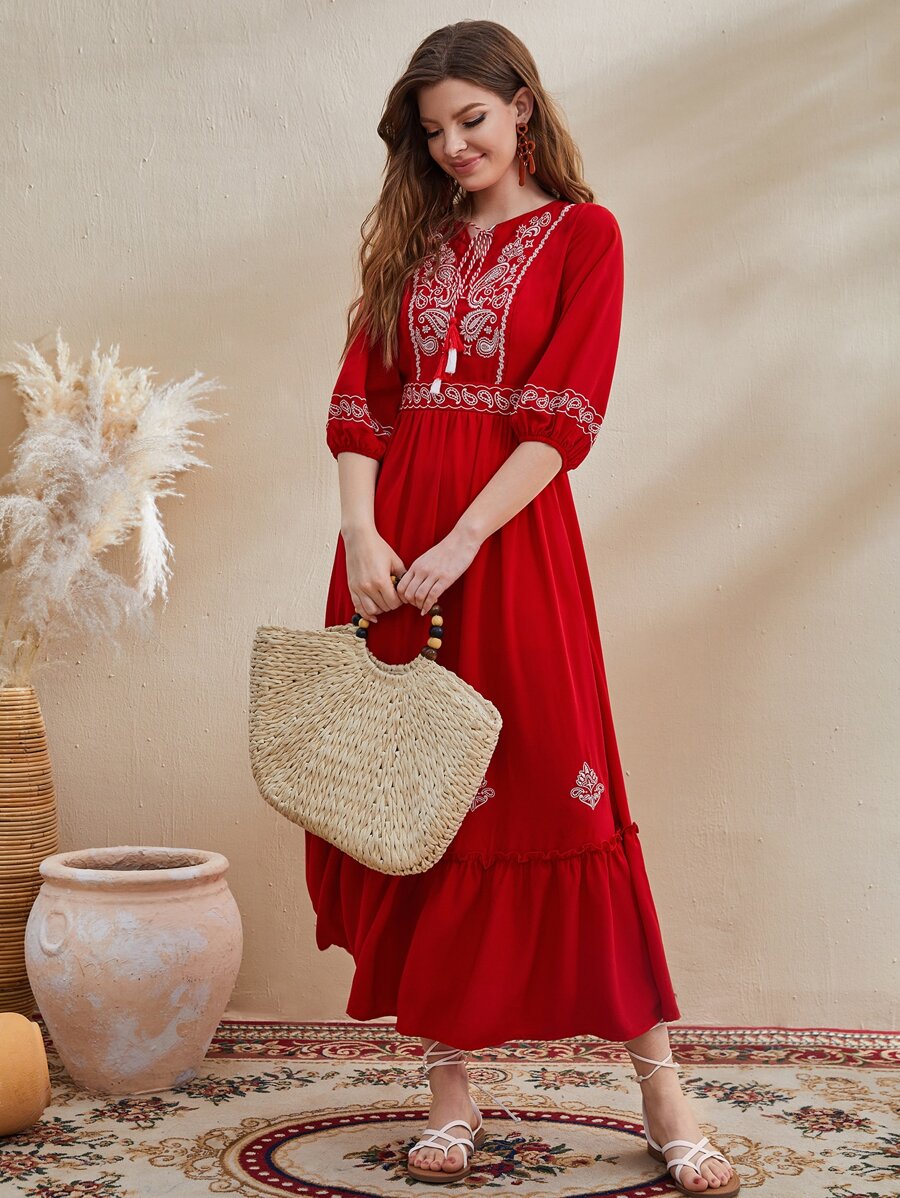 Al Najma Paisley Print Fringe Detail Tie Neck Dress - Red - View 1