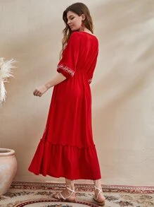 Al Najma Paisley Print Fringe Detail Tie Neck Dress - Red - View 2