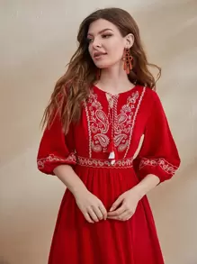 Al Najma Paisley Print Fringe Detail Tie Neck Dress - Red - View 3