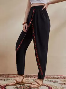 Seusyu Elastic Waist Geo Embroidered Carrot Trousers - Black - View 3