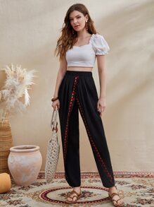 Seusyu Elastic Waist Geo Embroidered Carrot Trousers - Black - View 5