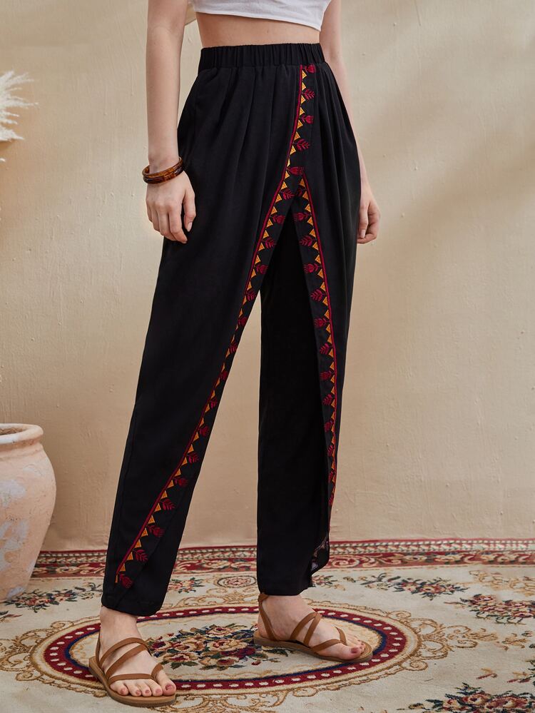 Elastic Waist Geo Embroidered Carrot Pants