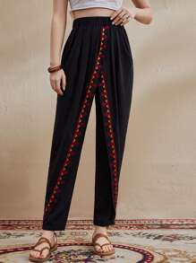 Seusyu Elastic Waist Geo Embroidered Carrot Trousers - Black - View 2